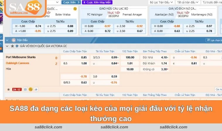 SA88 đa dạng các loại kèo của mọi giải đấu với tỷ lệ nhận thưởng cao