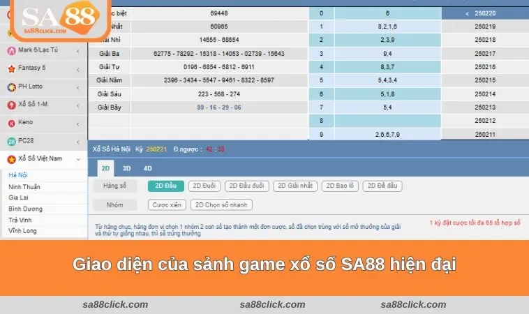 Giao diện của sảnh game xổ số SA88 hiện đại